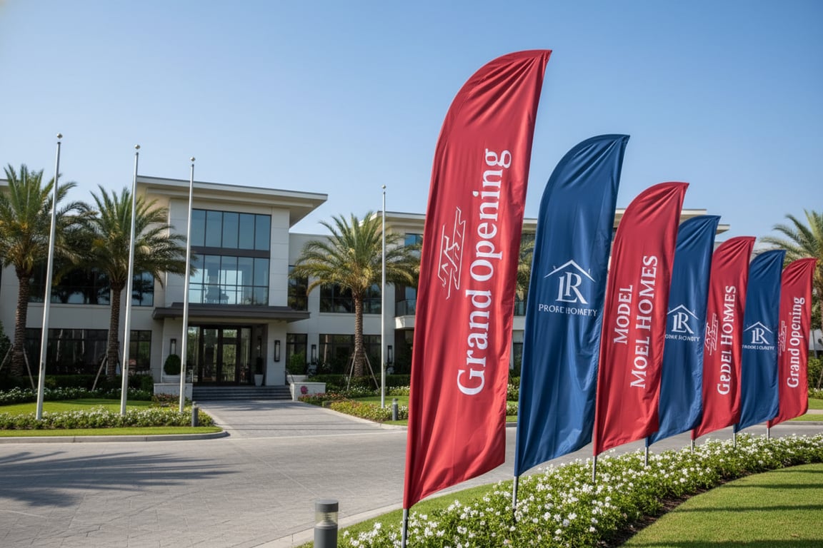 Luxury waterfront property 15 million dollar development custom die-cut flags architectural logo 150g satin finish champagne gold metallic foil printing 25 units 6ft tall weighted black marble bases tree-lined entrance