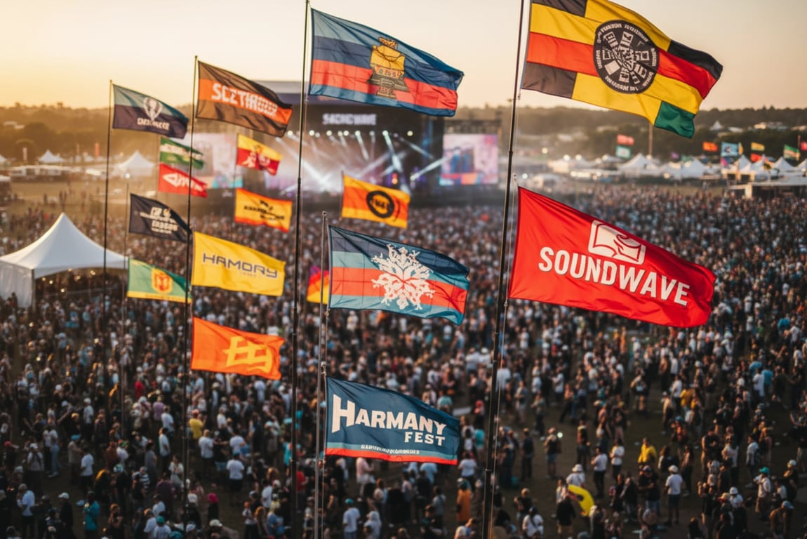 Custom music festival flags for 80,000 attendees - weather-resistant beach flags with sponsor logos
