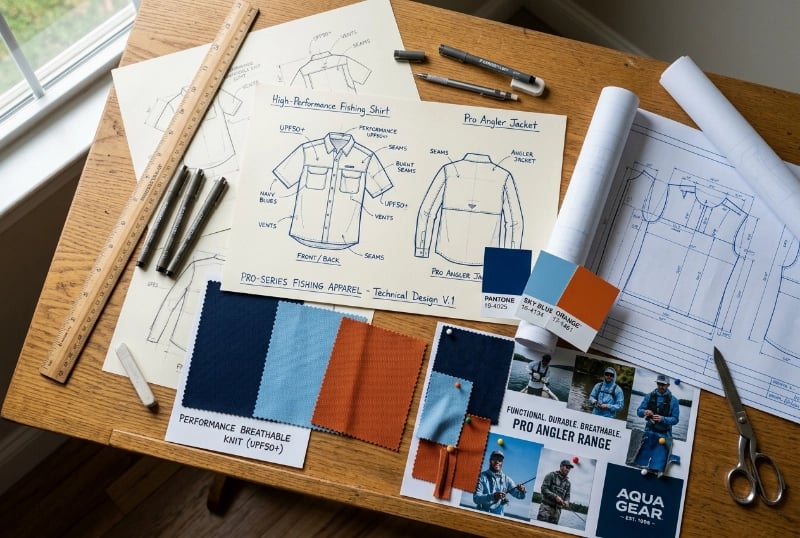 Original fishing apparel design sketches and concept development