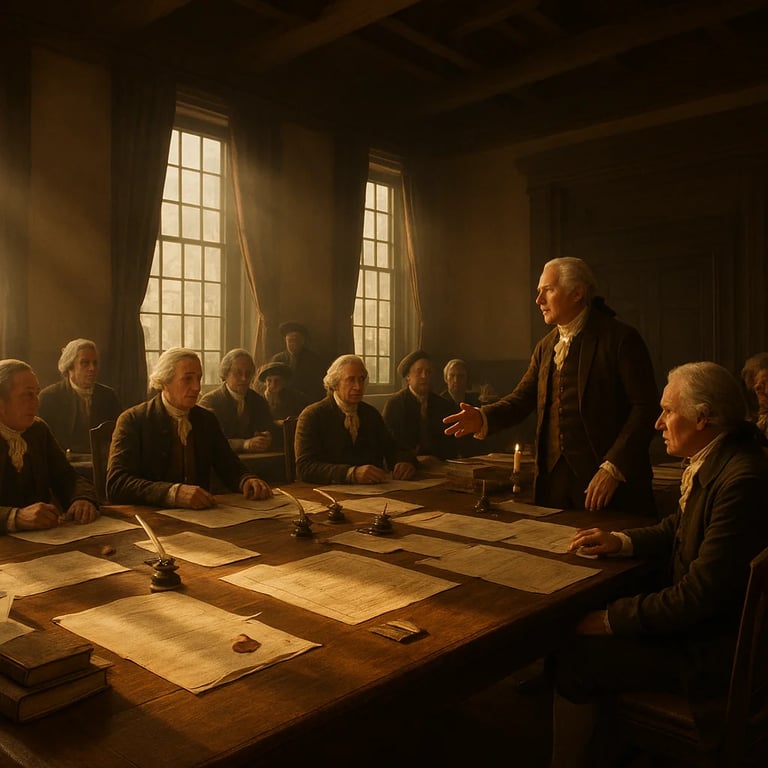 Colonial Philadelphia scene depicting the founding era of America in 1776