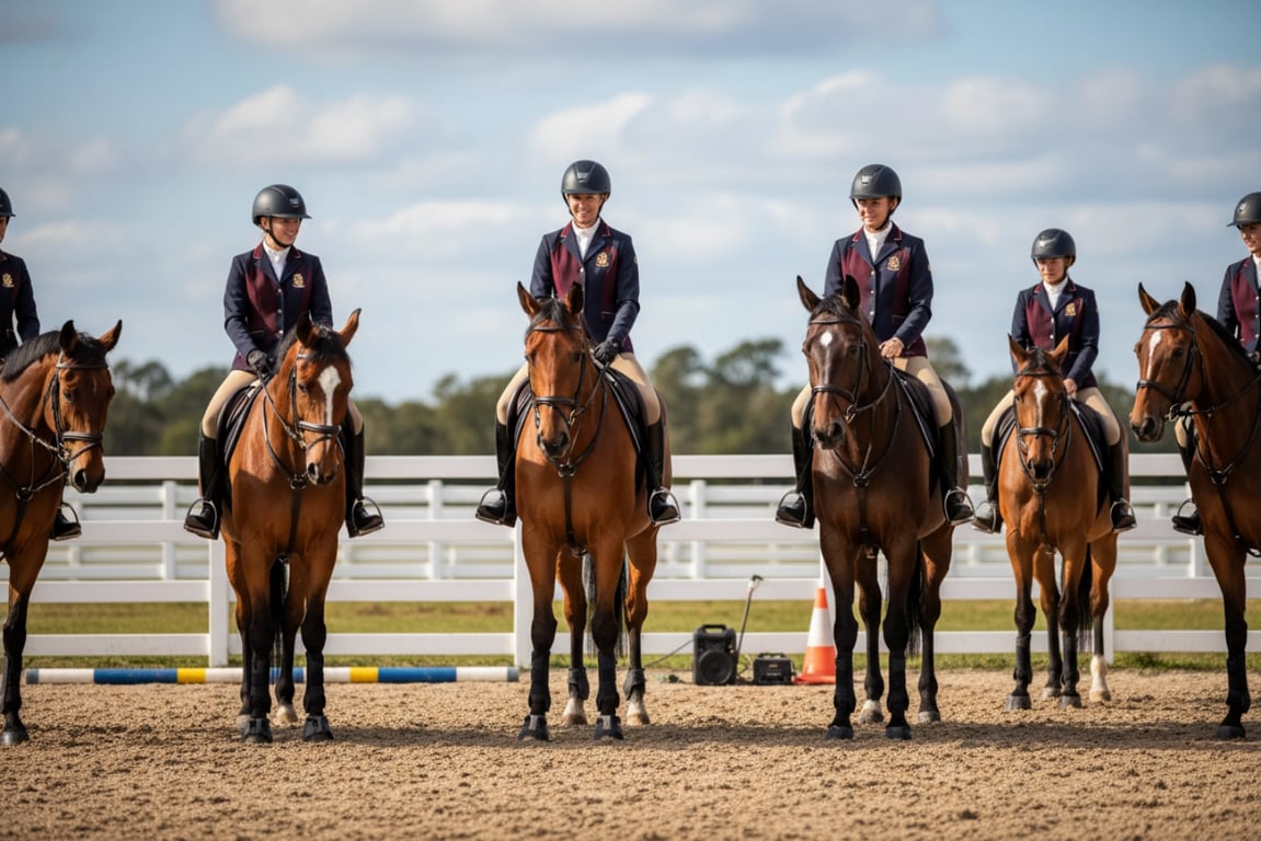 Equestrian academy students in custom training jackets and riding apparel