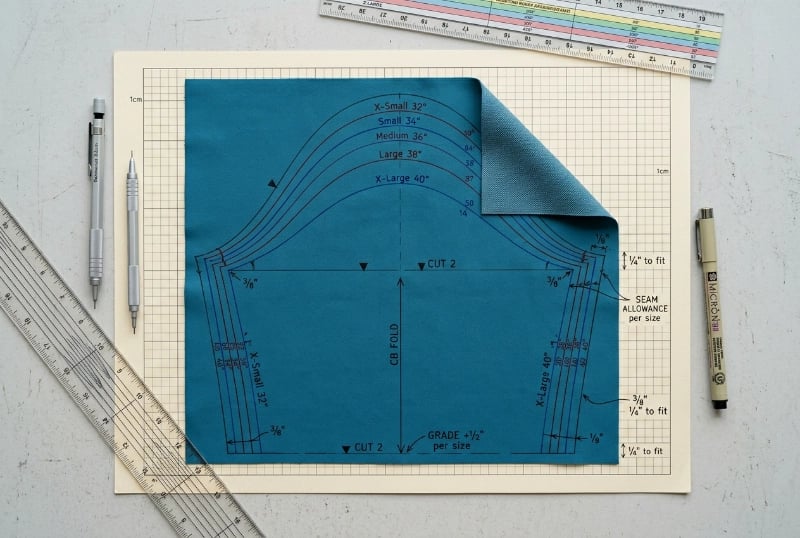 Pattern engineer annotated swatch showing grading rule, balance check, seam allowance call-outs