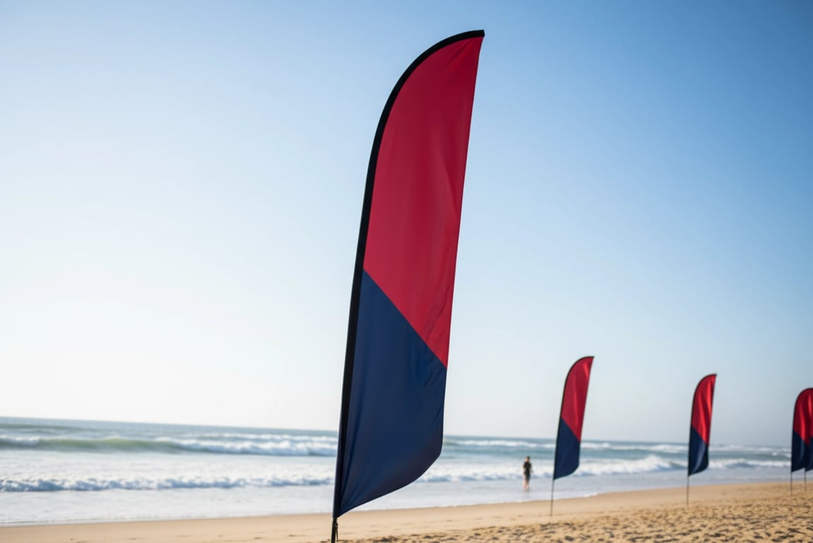 Professional teardrop beach flags with 115g-300D polyester, stays taut in calm winds, UV-resistant for resort branding and seaside advertising, aluminum or fiberglass poles, sizes 6.5-13ft