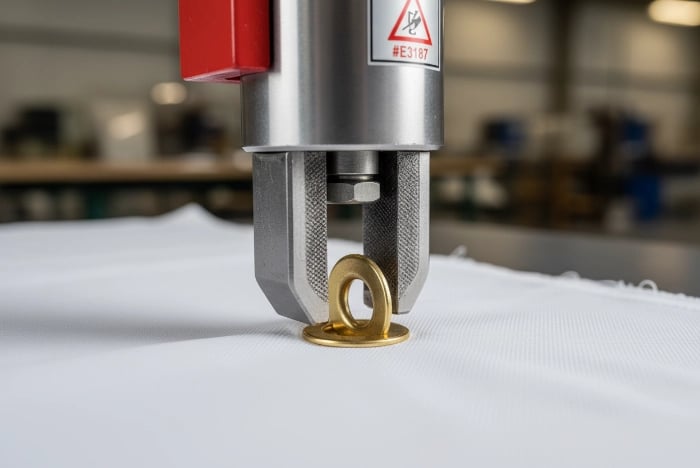 Step 4 - Press with tool: Using industrial grommet press tool to compress grommet base and washer ring together with firm pressure, creating secure mechanical bond rated for 50-80kg load capacity on custom flags