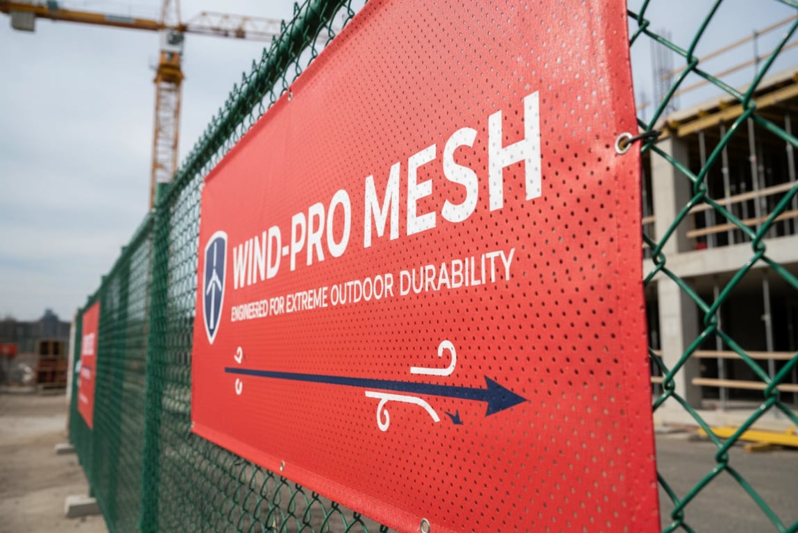 Wind-resistant mesh banner printing for construction sites and outdoor advertising - 70/30 perforation reduces wind load by 40%