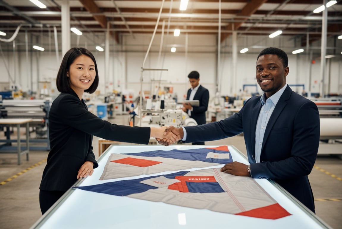 B2B flag manufacturing partnership showing wholesale corner patch supply for high-volume production reducing customer returns by 30% through consistent quality and reliable delivery schedules