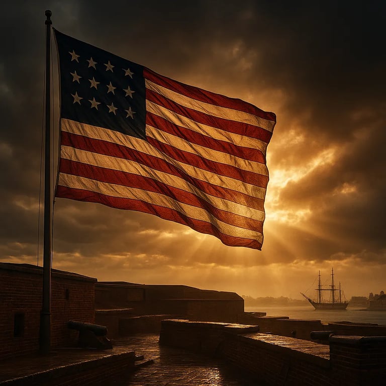 The 15-stripe American flag flying over Fort McHenry at dawn during the War of 1812