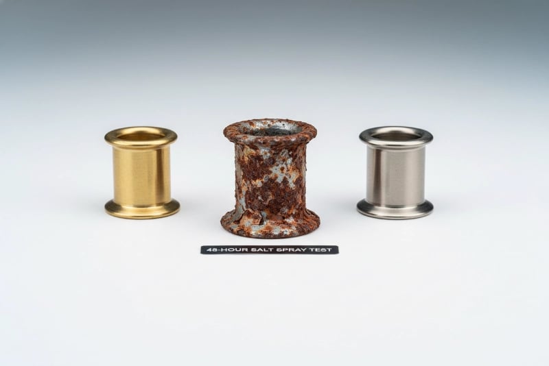 Rusted ordinary thin-wall grommet showing severe corrosion after 48-hour salt spray test, 1.2mm thin iron construction with flaking zinc plating, visible rust spread and structural degradation compared to premium brass and stainless steel flag grommets