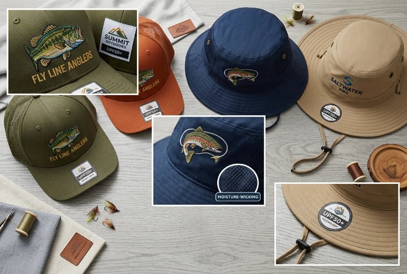 Fishing hats and caps UPF50+ custom embroidery
