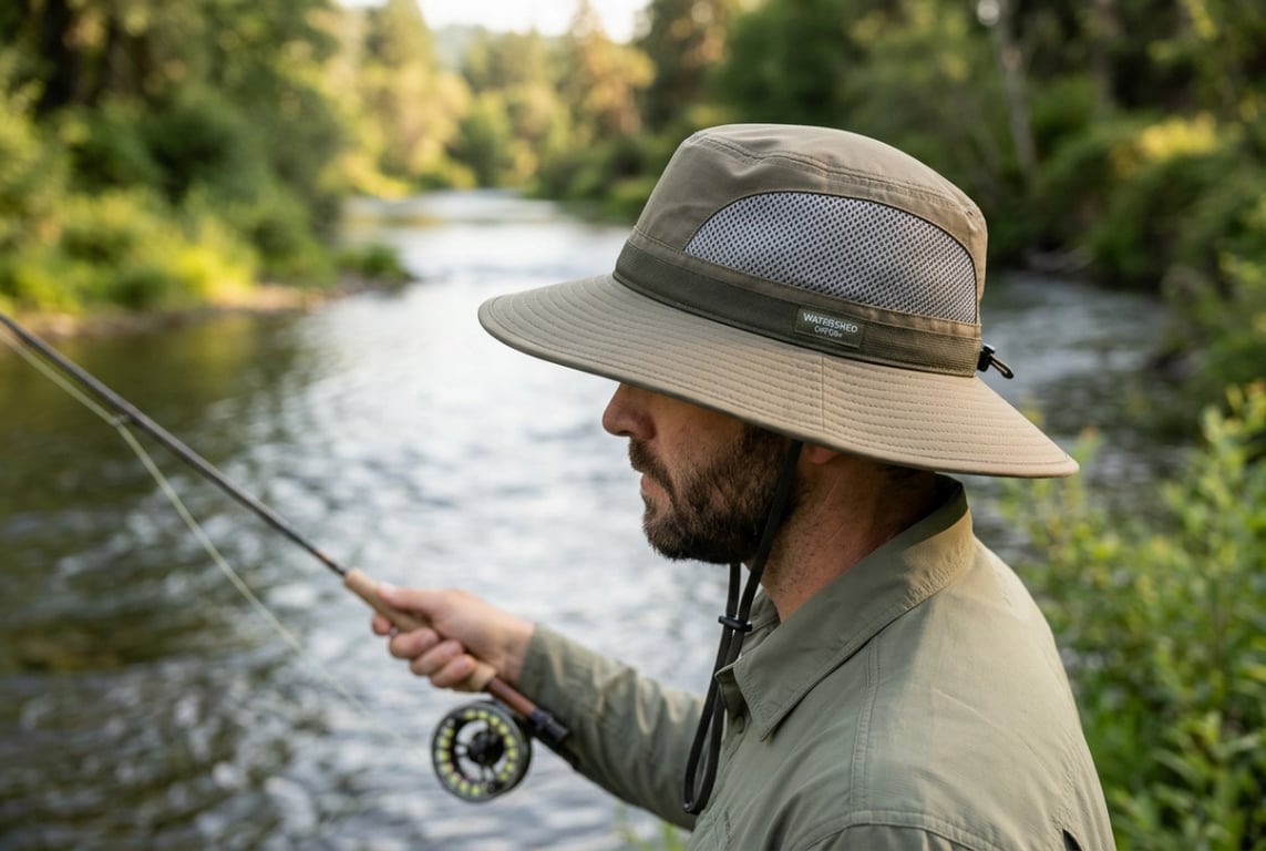 UPF50+ fishing hat with wide brim and breathable mesh
