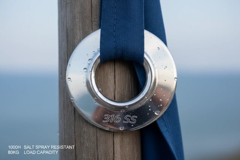 316 marine-grade stainless steel grommet with 3.0mm precision-stamped wall thickness, mirror-polished finish resistant to 1000-hour salt spray test, 80kg load capacity for coastal outdoor flags and extreme weather conditions