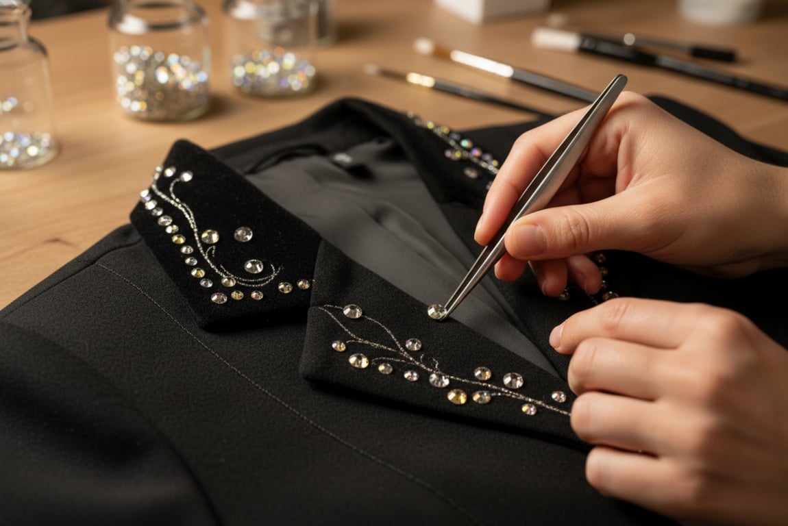 Swarovski crystal embellishment hand-applied to equestrian show jacket