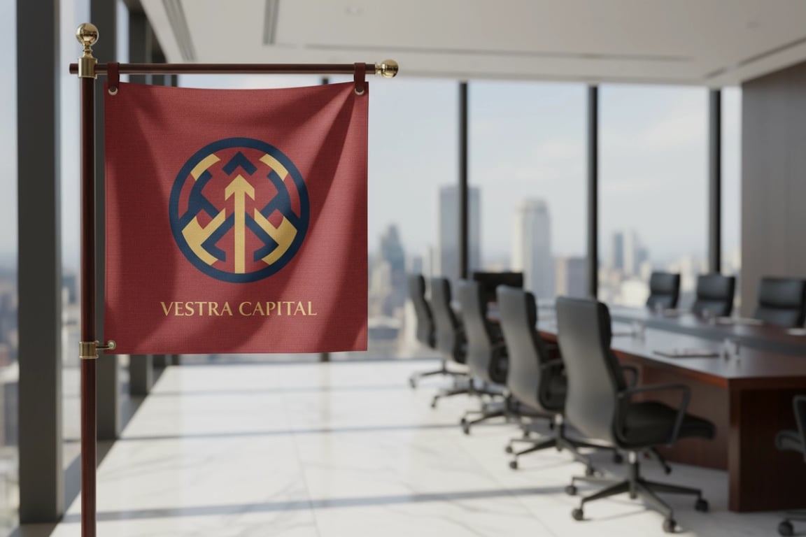 Investment management firm elegant boardroom conference flags with premium satin silk-like fabric and gold-thread embroidered logo for high-net-worth client meetings, 4ft x 2.5ft single-sided