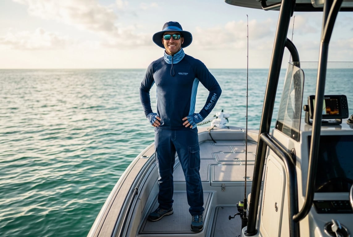 Angler wearing full-body UV protection fishing clothing system on the water