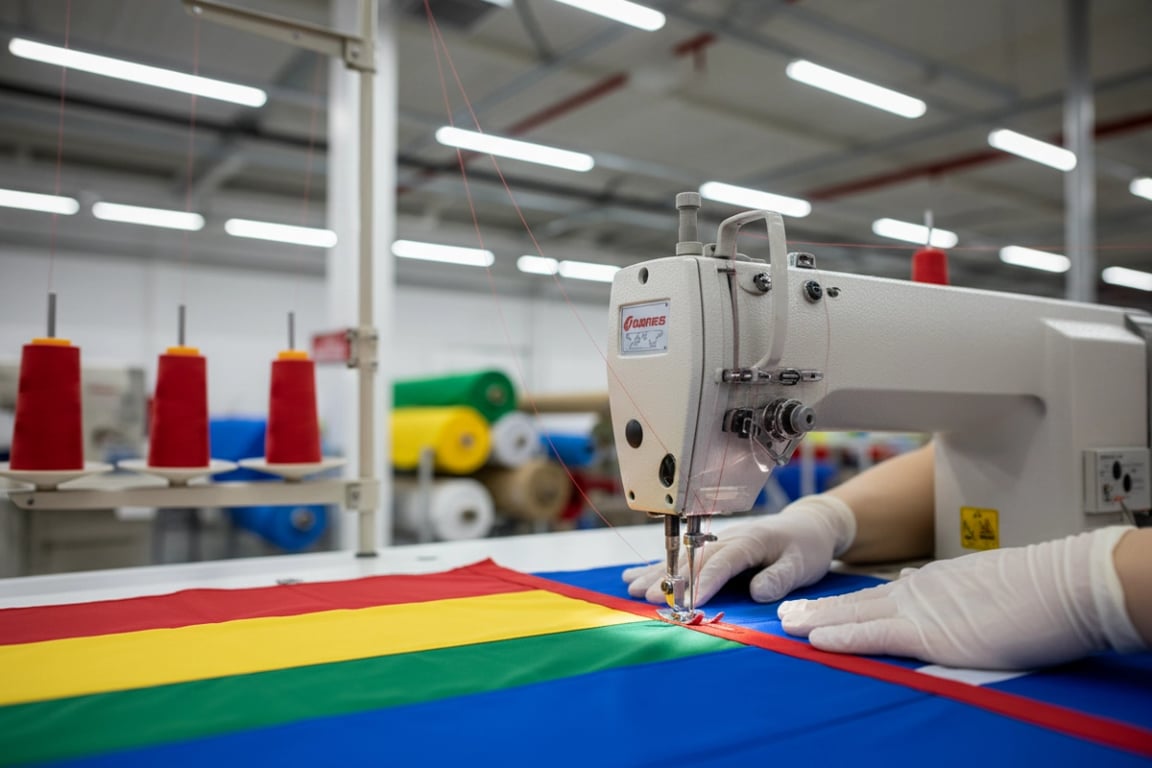 Industrial sewing zone with JUKI machines for flag hemming and finishing
