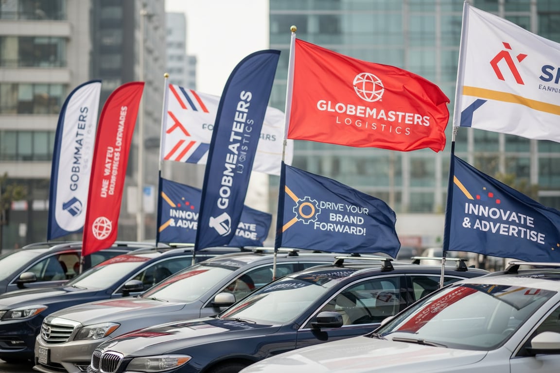 Mobile vehicle advertising car window flags 12x18 and 18x24 inches with clip mounts no vehicle damage, high-speed tested up to 60mph weather-resistant 100D polyester for dealerships delivery fleets political campaigns