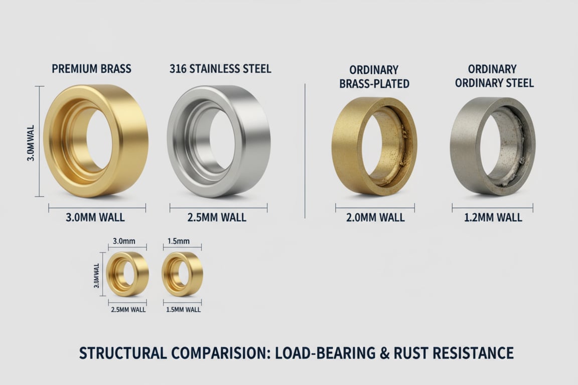 Premium thick brass and 316 stainless steel flag grommets cross-section comparison showing 2.5mm and 3.0mm wall thickness versus ordinary 1.2mm thin-wall grommets with visible structural differences in load-bearing capacity and rust resistance for custom flags