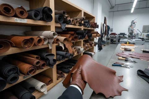 Premium leather selection at our riding boots factory