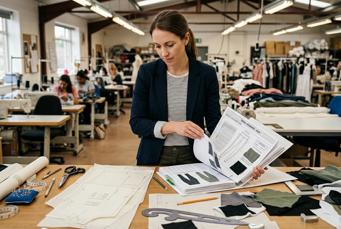 Stage 2 D1 pattern engineer hands holding tech-pack over an active pattern desk in the factory