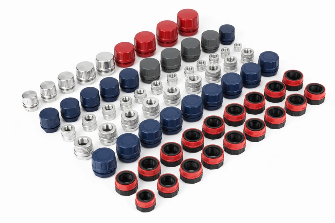 Custom flag cap color and size options display. Available in black, silver, white, bronze standard colors. Custom Pantone and RAL color matching available. Size range from 15mm to 80mm inner diameter. Logo printing and laser engraving services. Bulk wholesale quantities with MOQ 500 pieces for custom caps.