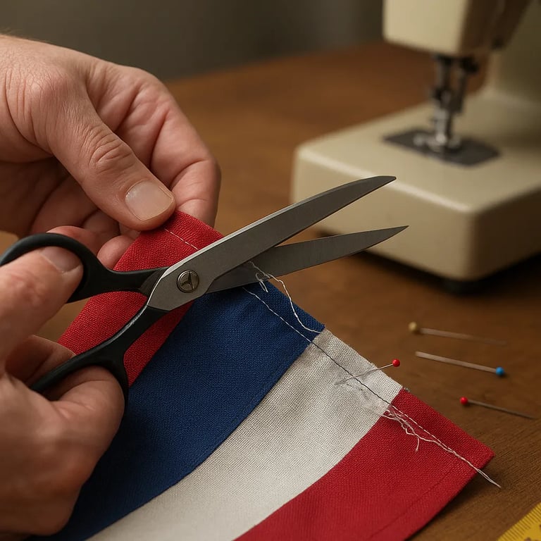 Trimming frayed threads from a flag fly end with scissors and pinning a double-fold hem for sewing