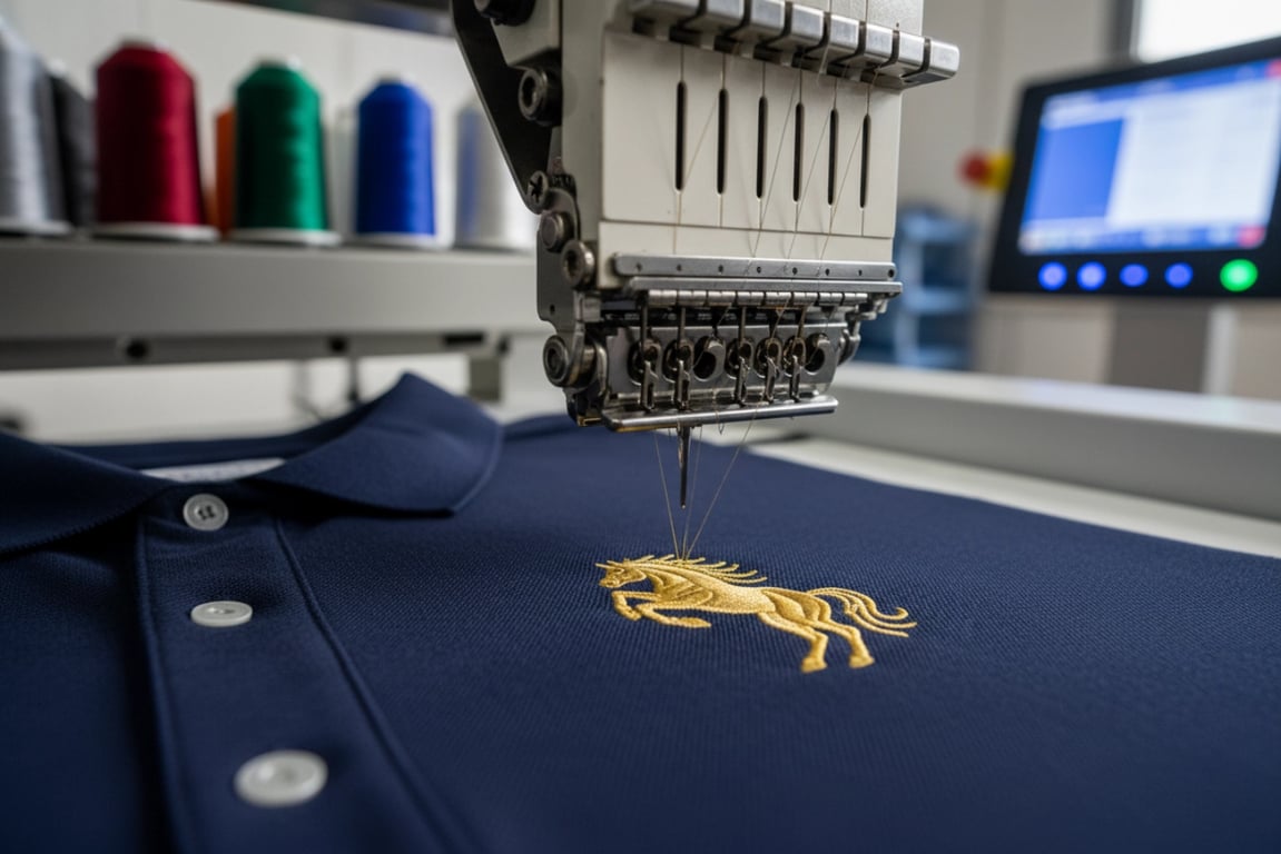 Custom logo embroidery machine for equine polo shirts