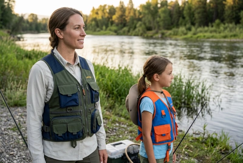 Fishing vests designed for kids and women with proportional patterning