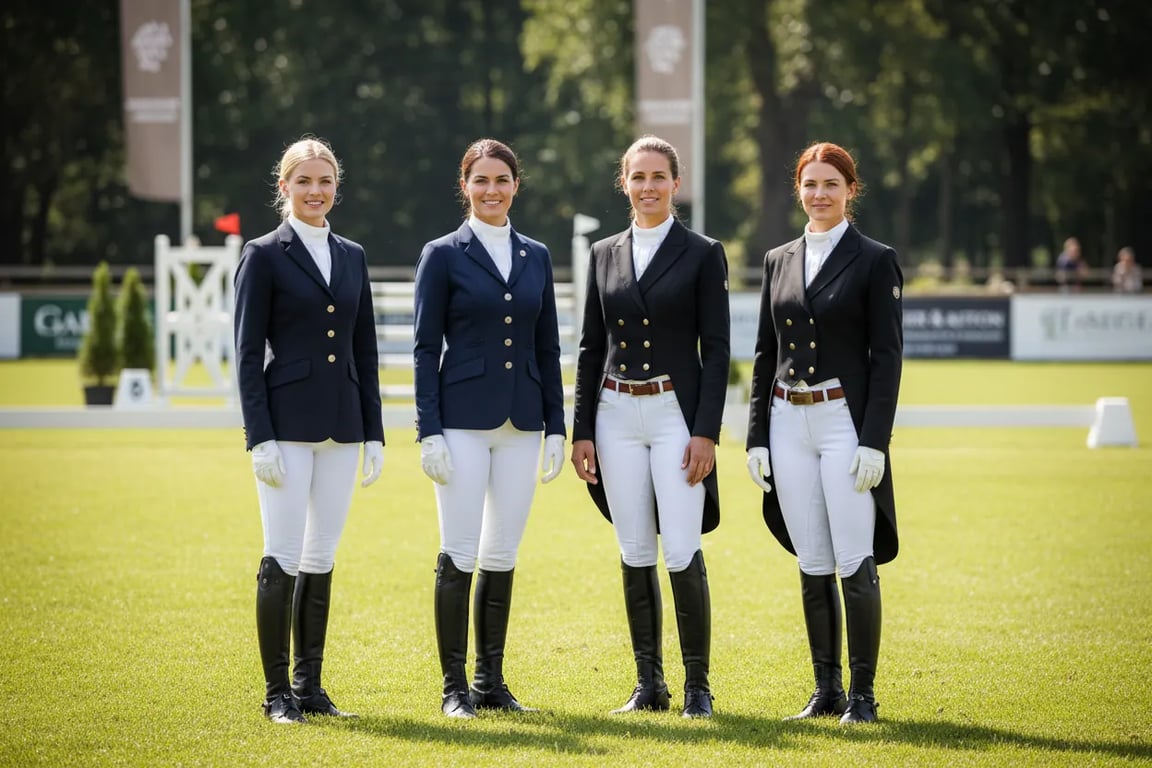Professional equestrian competition team wearing FEI-compliant show jackets