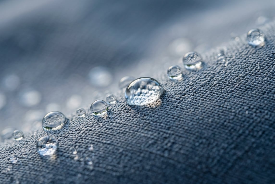 DWR water repellent fabric with water droplets beading on surface
