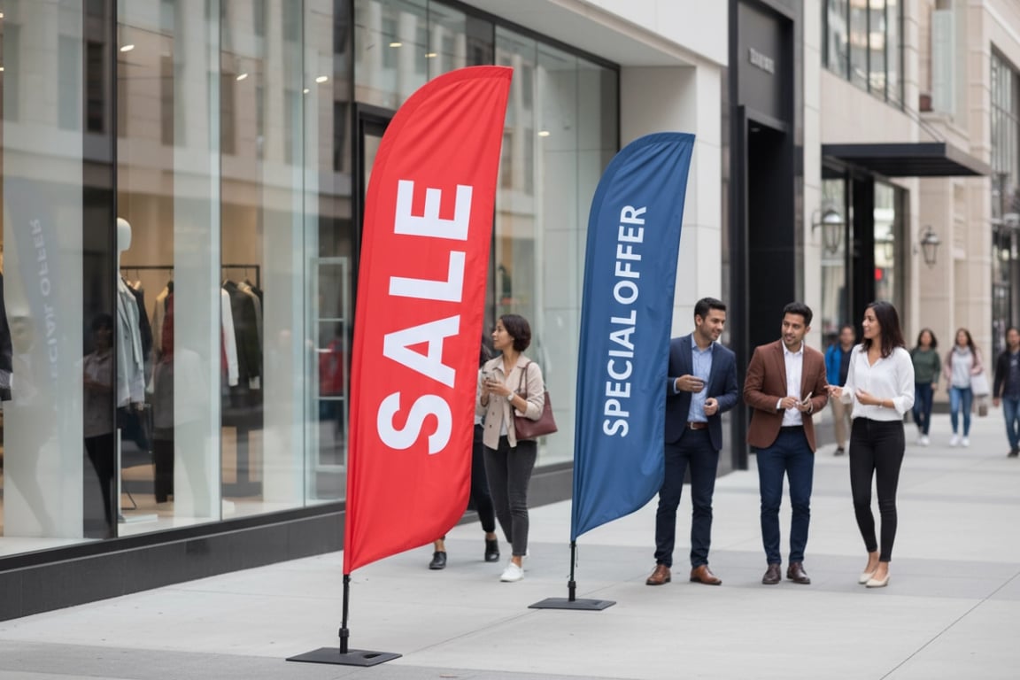 Durable daily outdoor teardrop flags at retail store sidewalk stopping foot traffic for sales promotions and special offers
