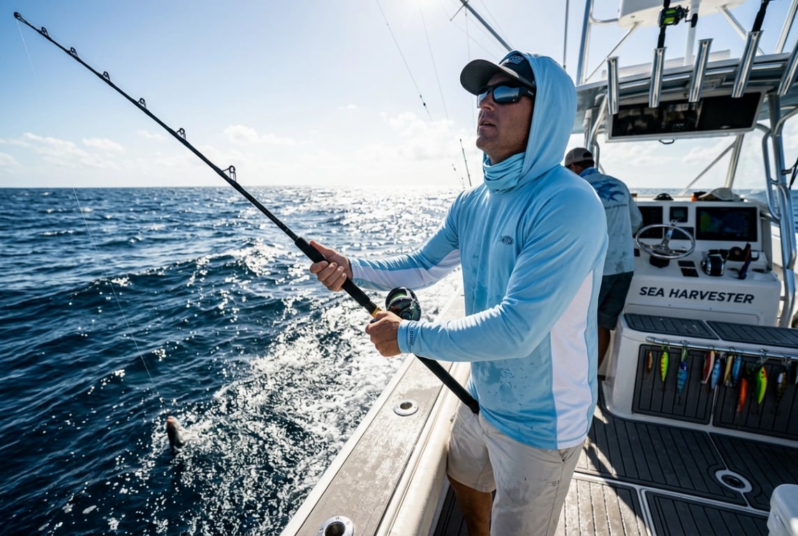 Deep sea offshore fishing in intense sunlight requiring UPF50+ fishing apparel