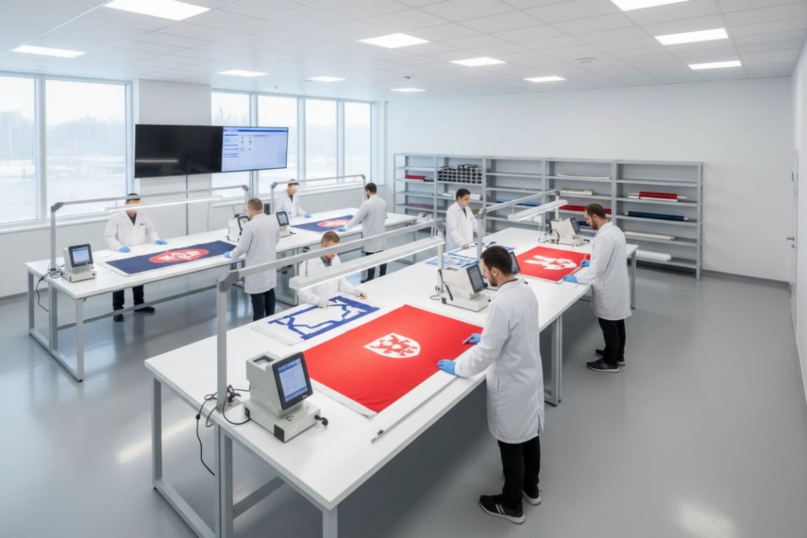 Quality control laboratory with testing equipment for flag durability and color accuracy