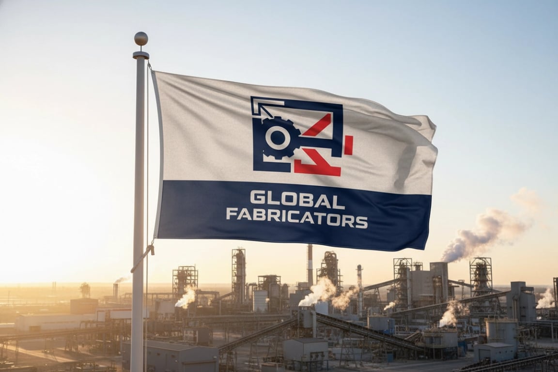 Heavy machinery producer industrial-grade trade show flags with reflective safety elements and company slogans for outdoor exhibitions, 8ft x 4ft double-sided reflective print