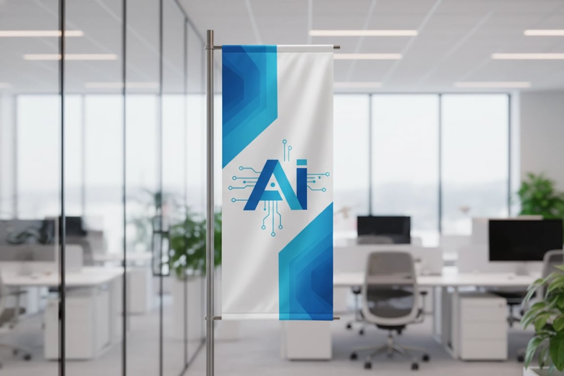 AI startup company office flags with futuristic holographic metallic fabric effect for lobby and meeting rooms, 5ft double-sided cutting-edge technology branding