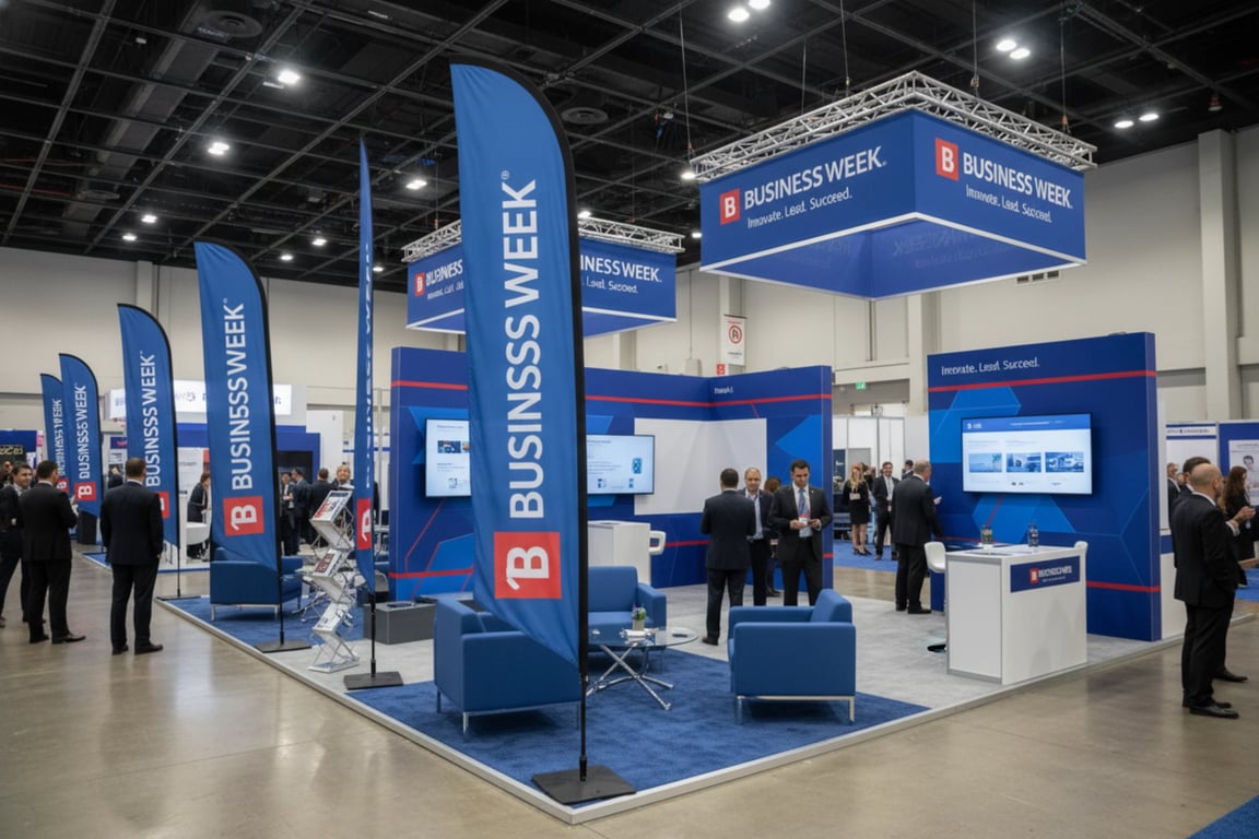 Trade show exhibition booth with tall feather flags and hanging corporate branded flags creating high visibility beacon effect attracting attendees from multiple aisles increasing booth traffic by 340 percent