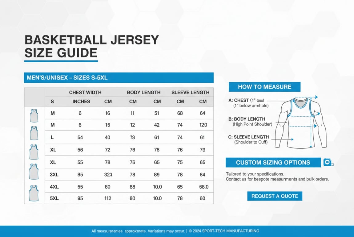 Comprehensive size chart for basketball jerseys from S to 5XL including custom sizing