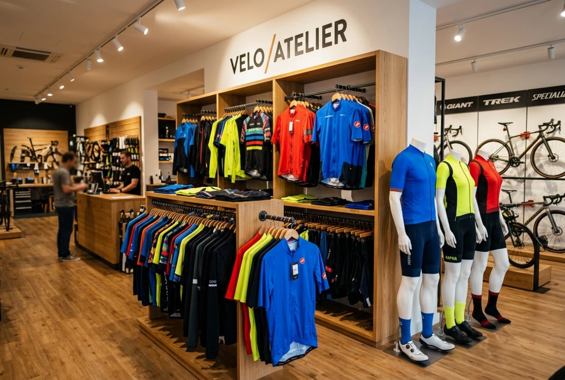 Boutique bike shop retail cycling apparel display