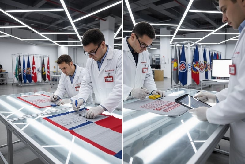 Quality control inspection process showing technician measuring flag dimensions and checking print quality against approved sample standards