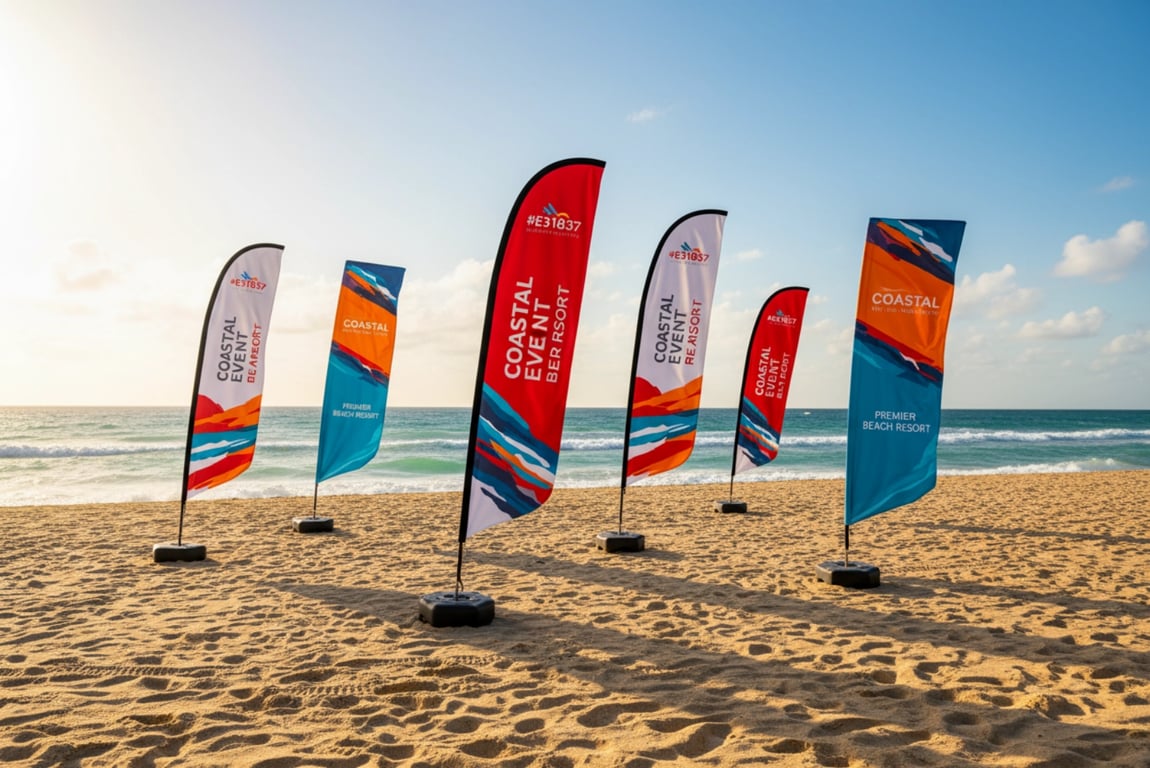 Marine-grade beach flags with salt-resistant stainless steel hardware, 2000+ hour UV coating, waterproof quick-dry fabric, water-fillable or sand anchor bases for coastal advertising and resort use