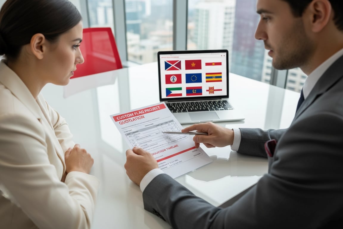 Custom flag quotation document showing detailed pricing tiers for different quantities, production timeline breakdown, and material option comparisons