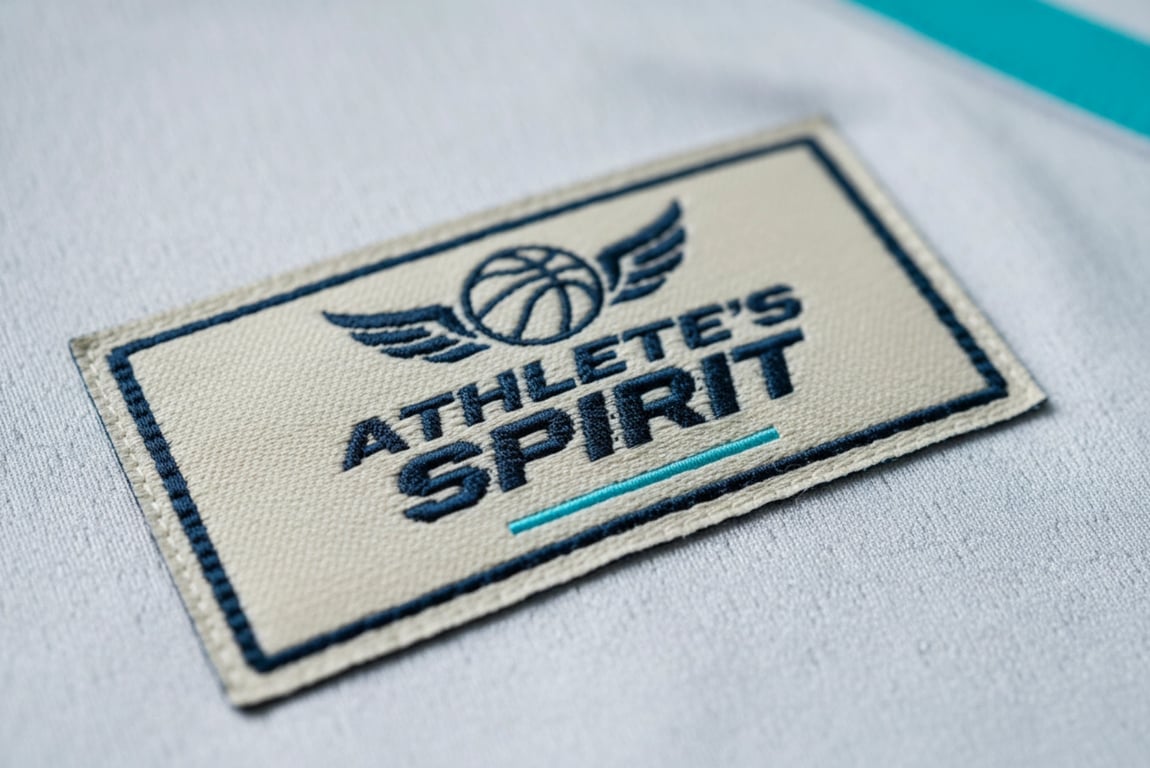 Premium woven label detail for basketball jersey branding