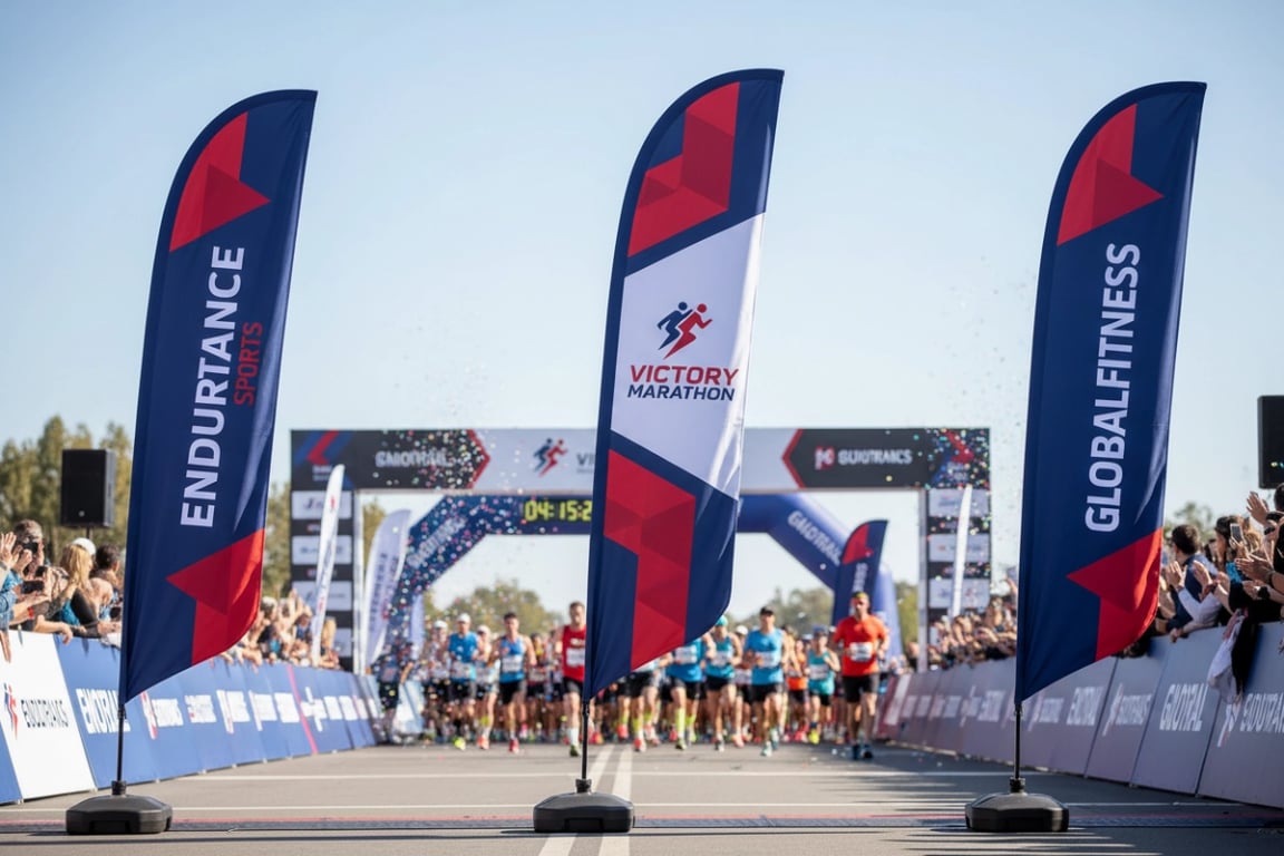 Level 6 wind-resistant teardrop flags at finish line of marathon race event marking significant moments with sponsor branding