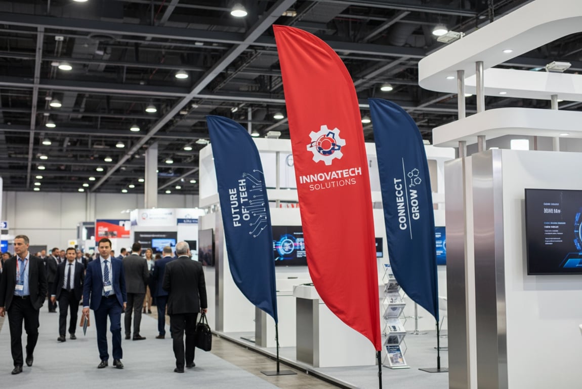 Professional teardrop flag banners displayed at trade show exhibition booth for brand identification and wayfinding