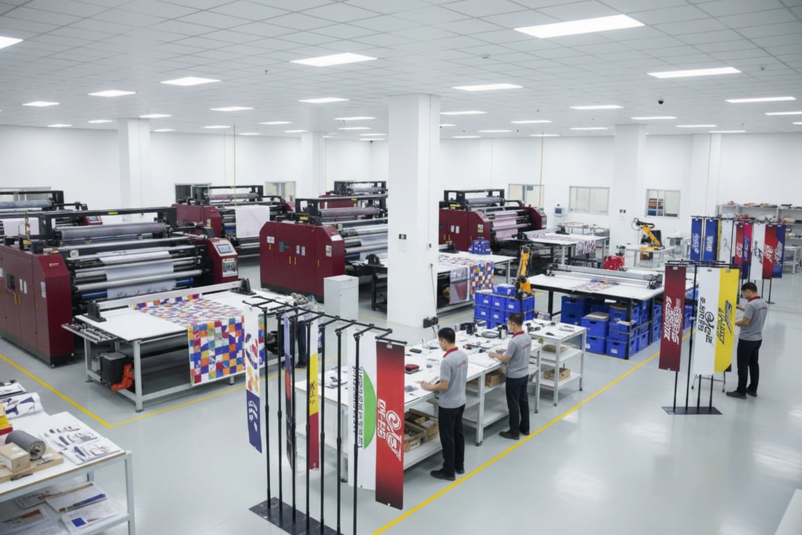 Modern wholesale flag manufacturing facility with digital printing equipment quality control for custom orders