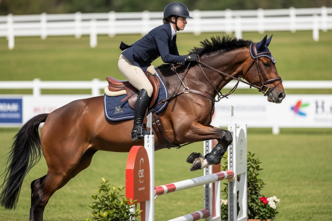 Professional show jumping attire with 4-way stretch fabric for CSI competitions