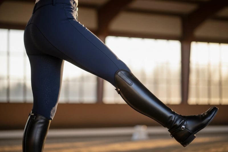 Rider leg stretch showing why equestrian apparel needs flexible craftsmanship