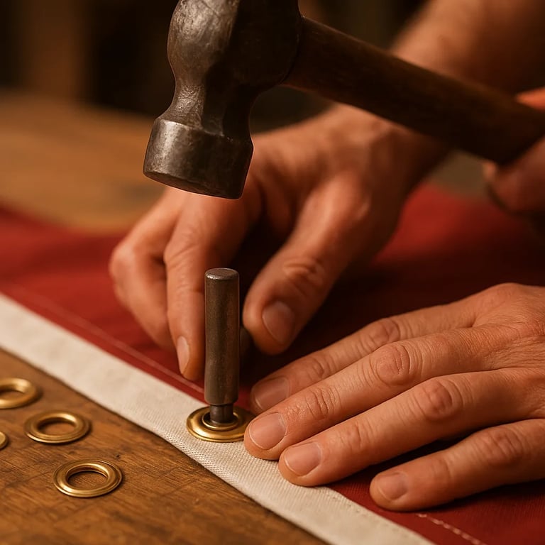 Installing a brass grommet on a flag header using a grommet setter tool and hammer
