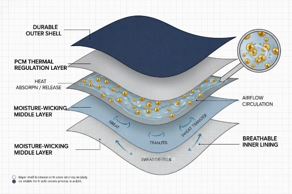 PCM thermal layer and breathable material structure of riding vest