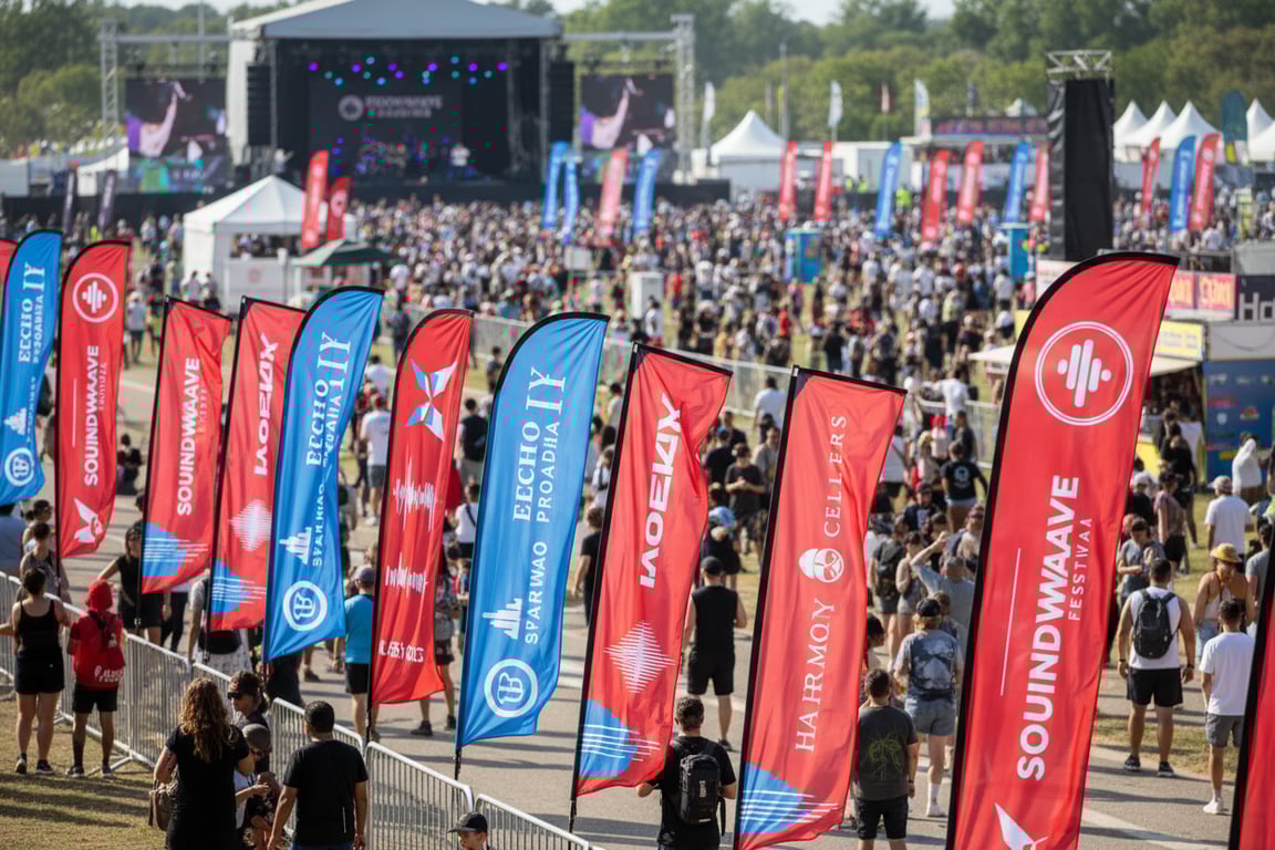 3-day outdoor music festival 30000 attendees 300 rectangle flags 8ft x 3ft weather-sealed edges hot-knife cutting double-stitched hems aluminum poles guy-wire stabilization water-resistant dye-sublimation printing 2 hours heavy rain 40mph gusts