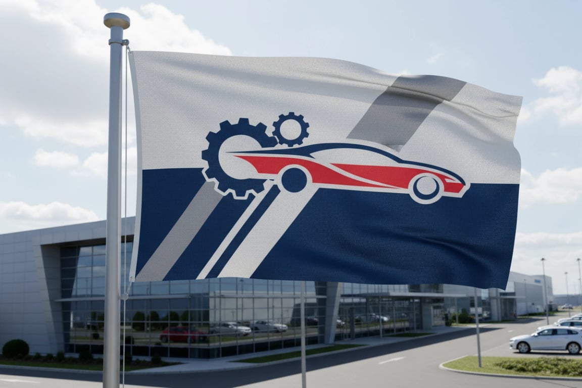 Automotive parts manufacturer heavy-duty outdoor factory flags with bold industrial design withstanding harsh weather and emissions at 5 production facilities, 10ft x 6ft double-sided extra-durable